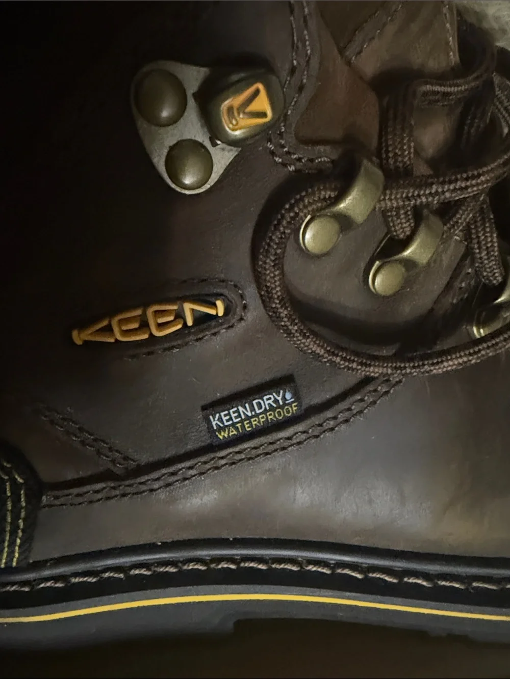 Keen Brown and Black Work Boot with Yellow Trim